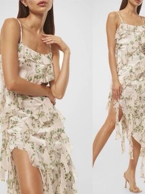 Misa Los Angeles Cream Maxi Dress with Green Floral Ruffle Layers